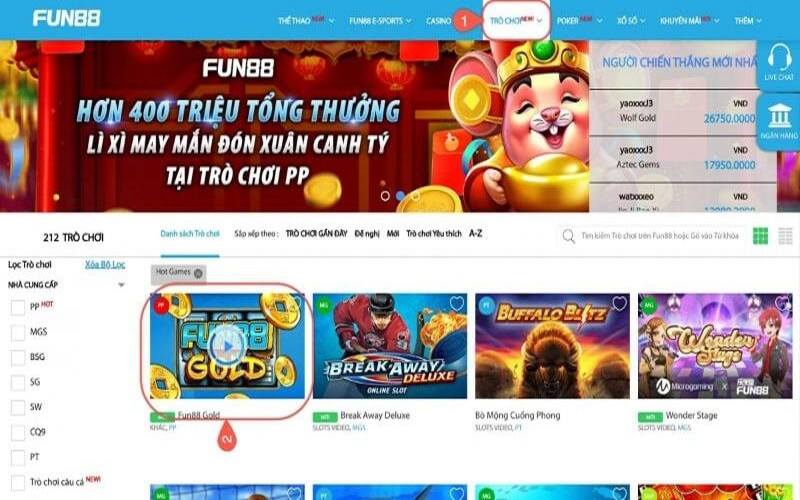 Sảnh game slot Fun88 uy tín và chất lượng 