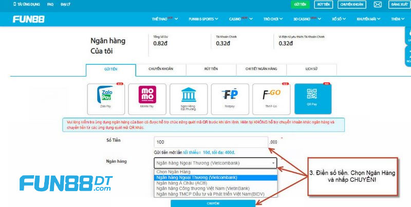 Biểu mẫu thực hiện nạp tiền vào tài khoản nhà cái Fun88